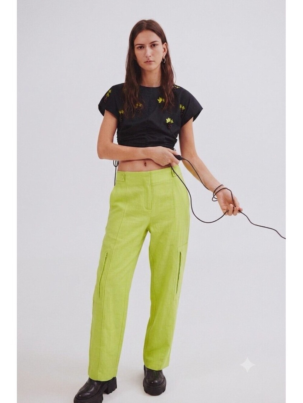 NWOT Jason Wu High-Waisted Linen Cargo Pants - Lime Green - Size S